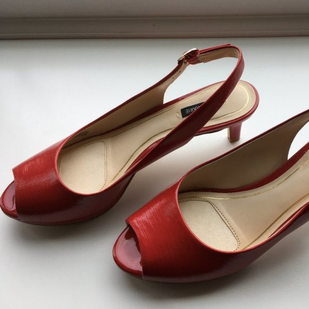 NEW Red Patent Leather Peep Toe Pumps Mid Heel